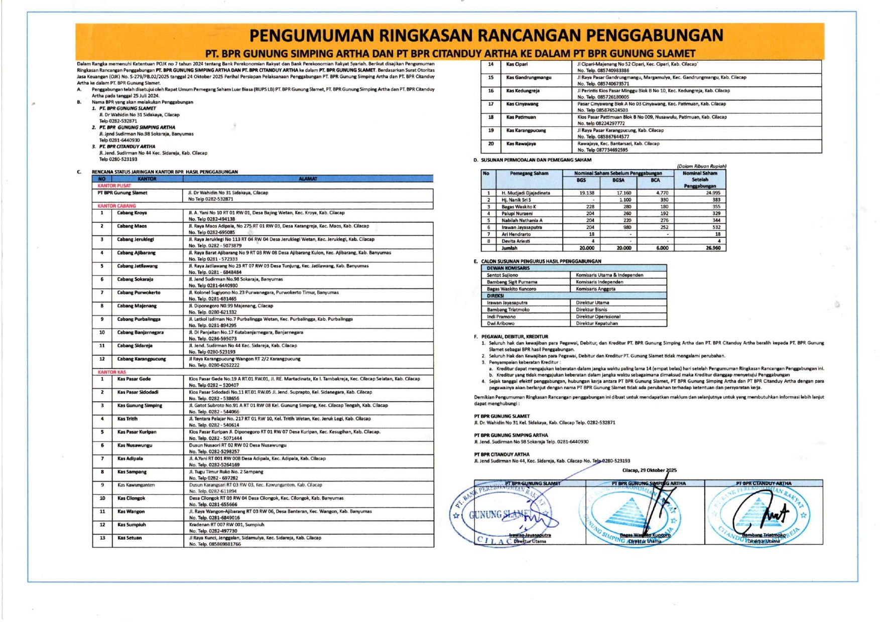 PENGUMUMAN RINGKASAN RANCANGAN PENGGABUNGAN BANK