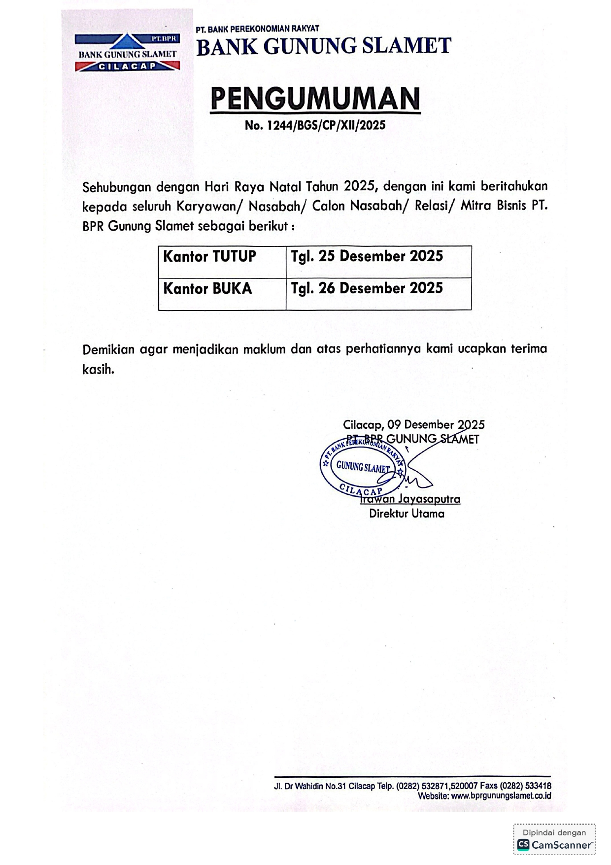 Pengumuman Libur Hari Raya Natal